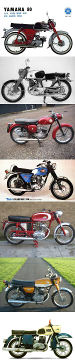 classic 70's motorbikes yamaha yr1, honda cb92, bsa bantam, bsa starfire, ducati 200 elite, honda cb175, mz trophy 250