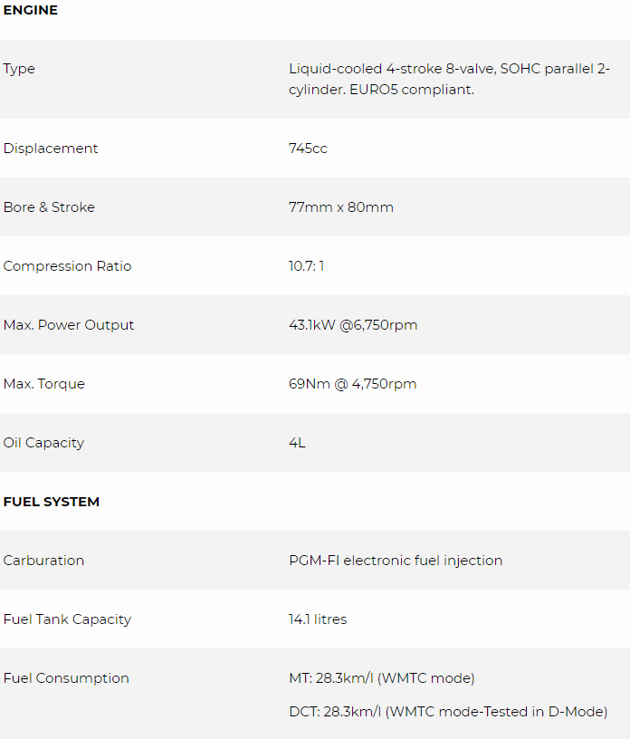 specification data sheet for 2021 honda nc750x
