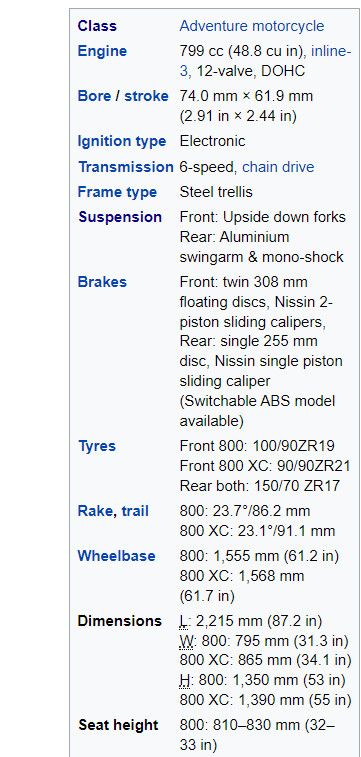 specifications for triumph tiger 800 2016 model